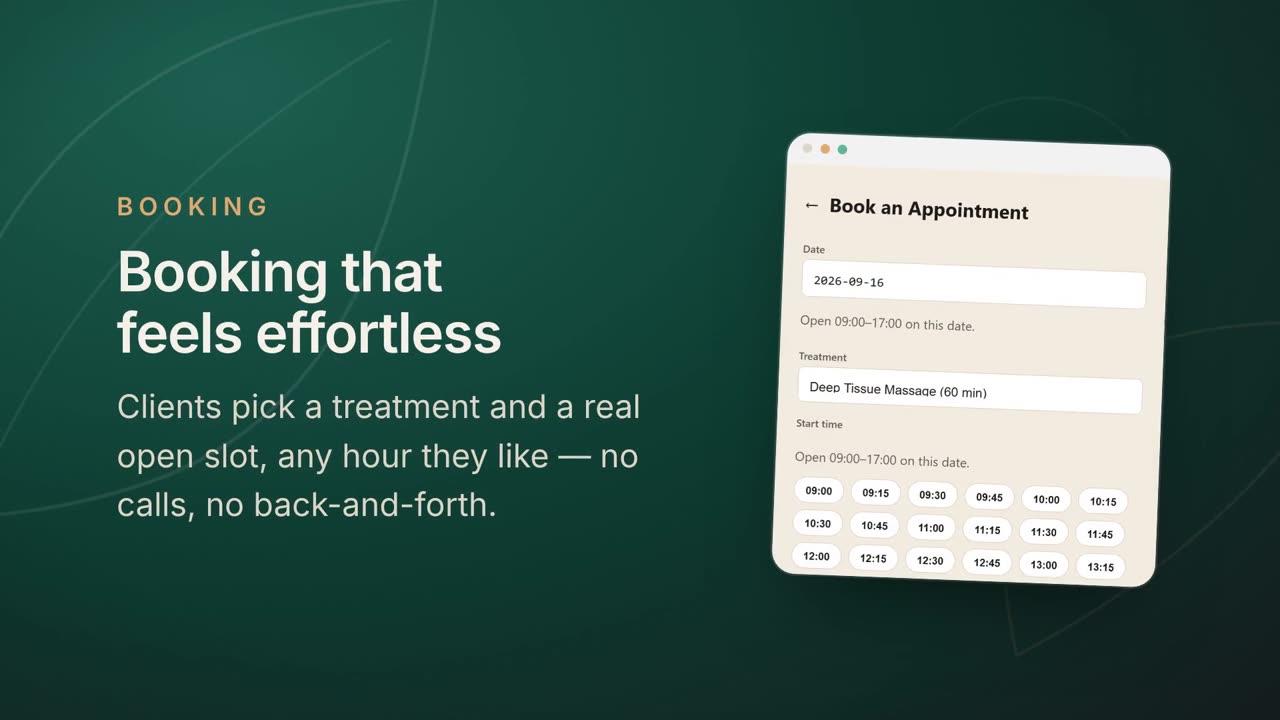 A frame from the TherapyDesk film: the booking screen beside the line Booking that feels effortless